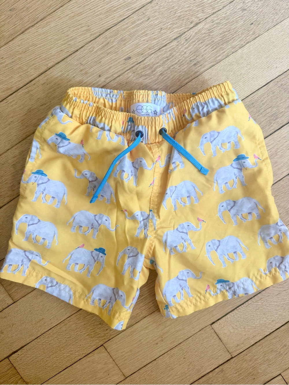 Egg New York Yellow Elephant Print Swim Shorts with Blue Drawstring Size 5